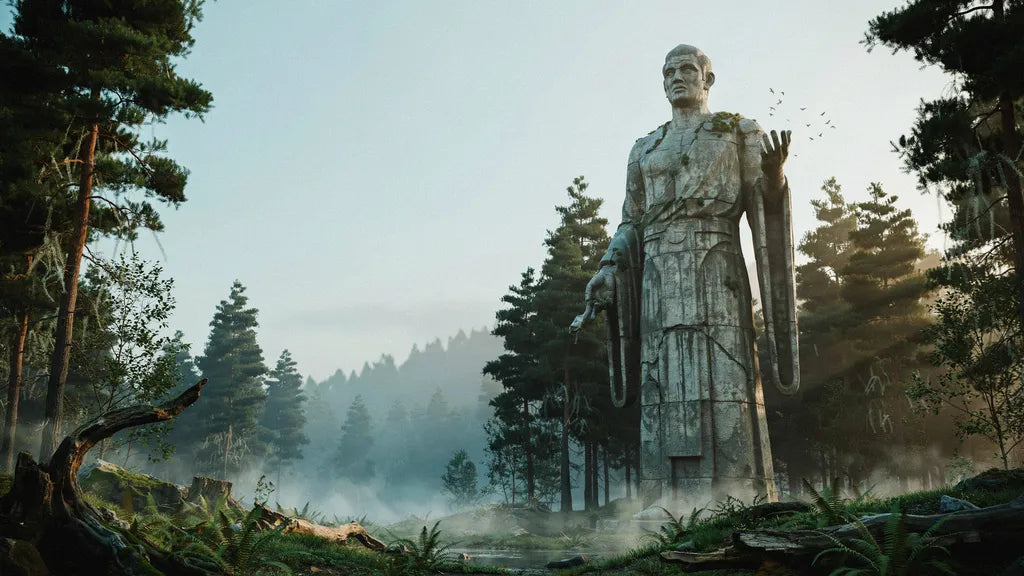 Gigantische verwitterte Riesenstatue im nebligen Urwald