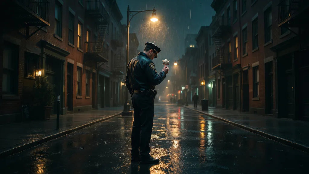 Polizist unter Straßenlaterne im Regen, Symbolbild für zerbrochenes Vertrauen ins System
