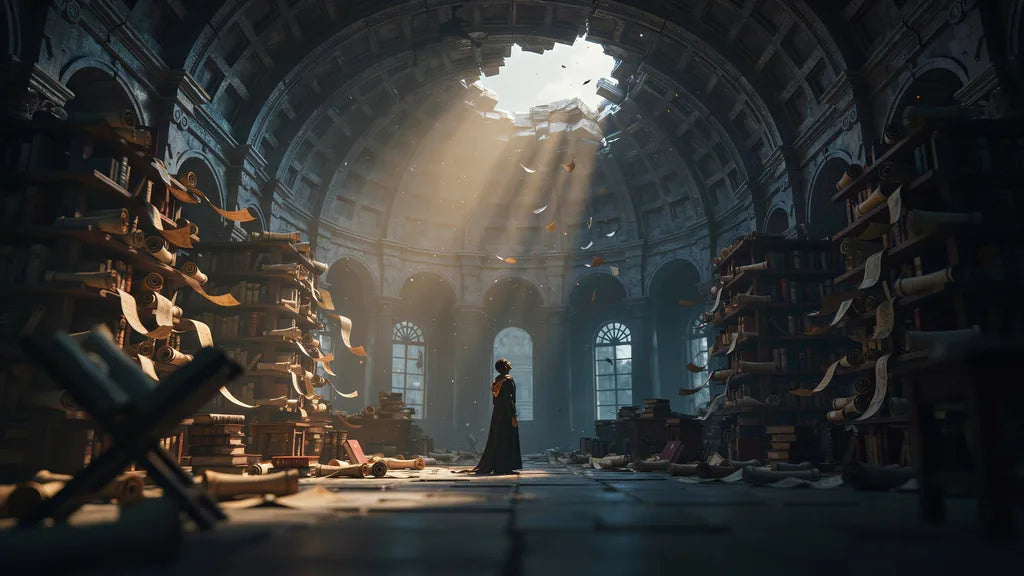 Verfallene antike Bibliothek mit einstürzenden Schriftrollenregalen im Lichtschein