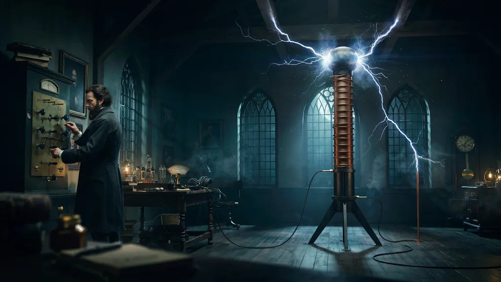 Vintage-Labor mit Tesla-Spule und gewaltigen elektrischen Blitzen