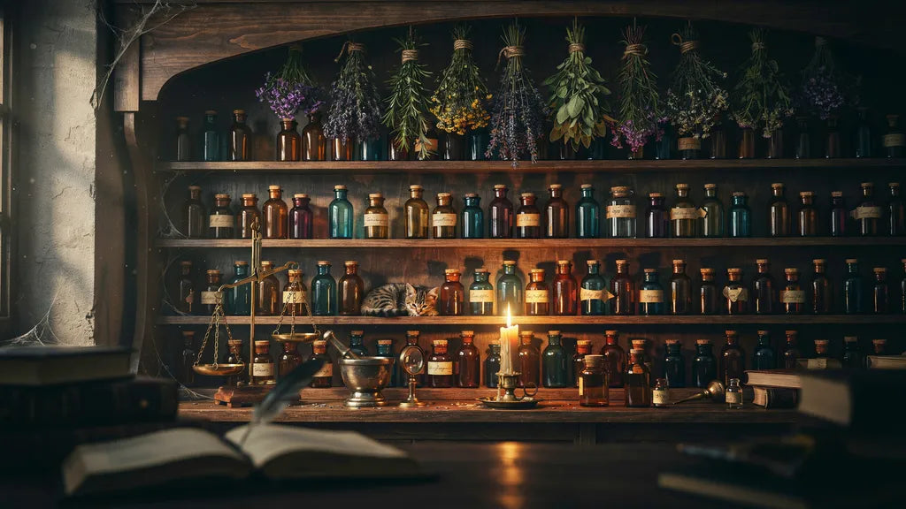 Altes Apothekerregal mit getrockneten Kräutern und Glasflaschen