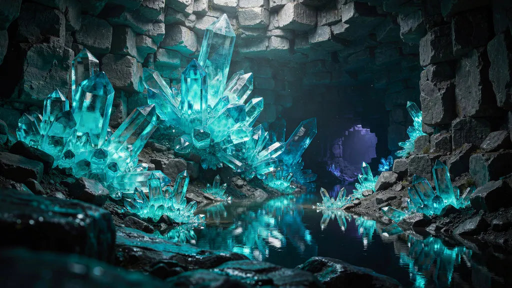 Unterirdische Höhle mit leuchtenden Kristallformationen und Fluss