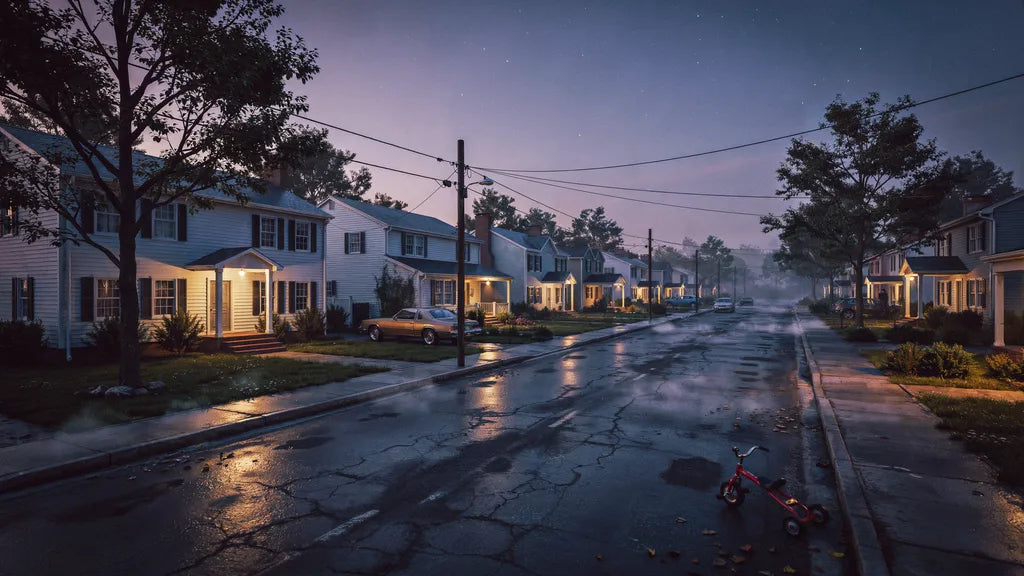 Amerikanische Vorstadtstraße der 1980er Jahre in der Abenddämmerung