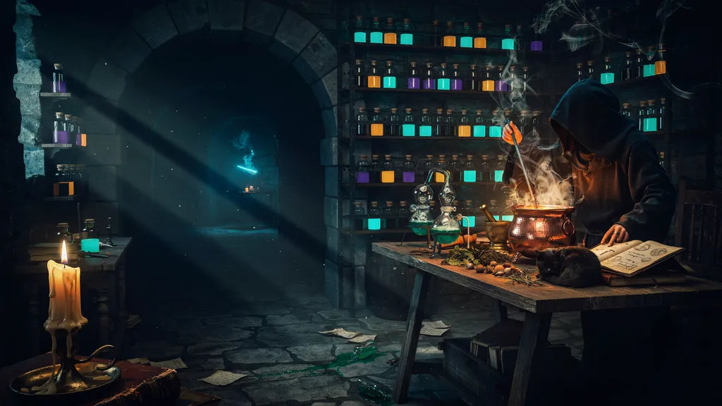 Altes alchemistisches Labor mit leuchtenden Glasfläschchen und Kerzenlicht