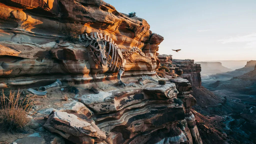 Versteinerte Dinosaurierknochen in dramatisch beleuchteten Gesteinsschichten