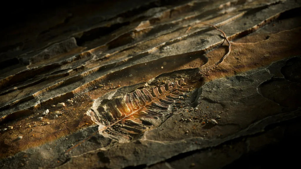 Extreme Makroaufnahme eines Fossilabdrucks in Gesteinsschichten