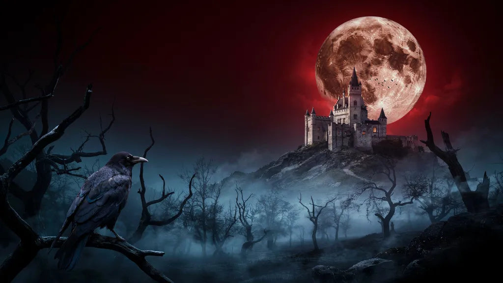 Gotisches Schloss unter blutrotem Vollmond im nebligen Wald